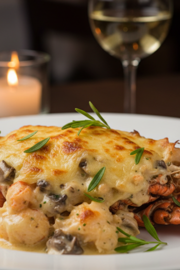 A close-up, high-resolution photo of a freshly baked Lobster Thermidor on a white ceramic plate. The lobster shell is stuffed with creamy meat and topped with a golden-brown, bubbling cheese crust. Fresh tarragon garnish. In the background, a glass of white wine and soft candlelight. Elegant restaurant-style lighting, shallow depth of field.